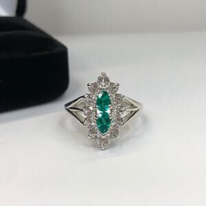Gorgeous Antique Style 1.4ctw Emerald & White Sapphire Cluster Ring